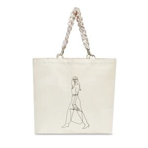 Cream Chain-Handle Tote Bag with Line-Illustration